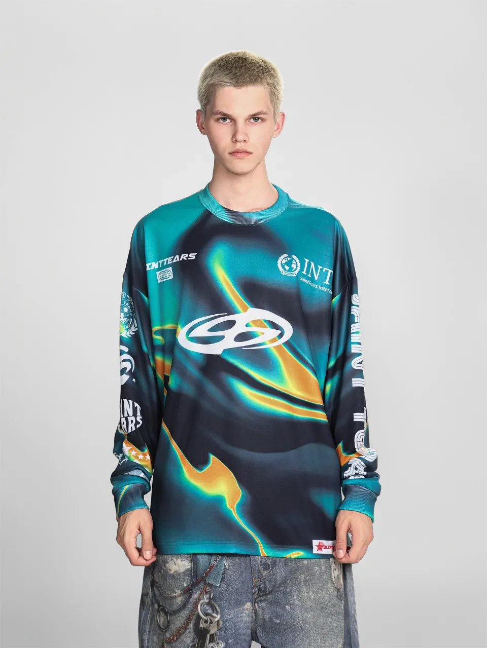 Saint michael tears all-over printed long-sleeved vintage autumn and winter T-shirt Style number: 119 Size: M L XL Wholesale price: 136 Color: blue yellow